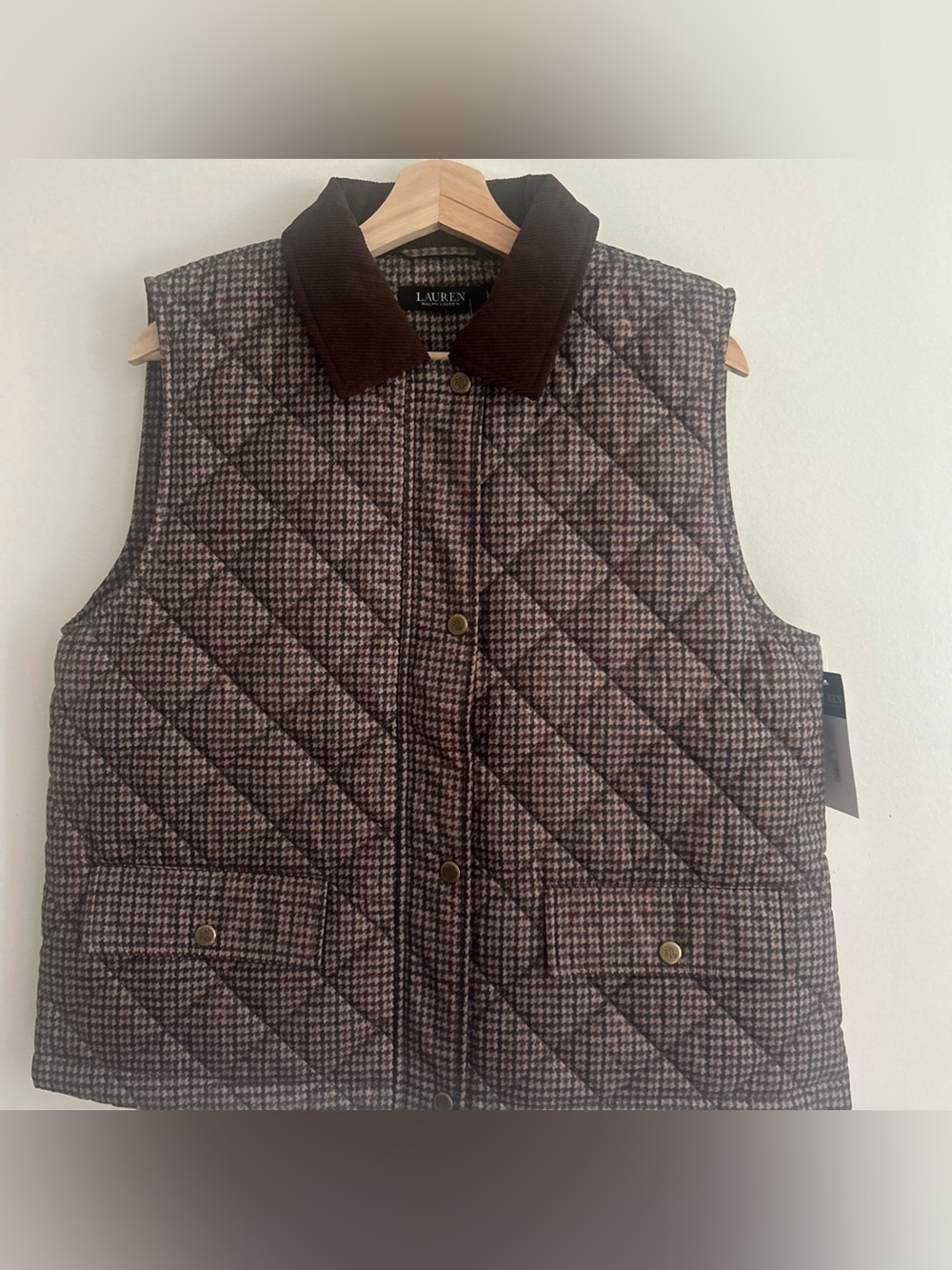 Lauren Ralph Lauren Brown Houndstooth Quilted Vest with Corduroy Collar Size L